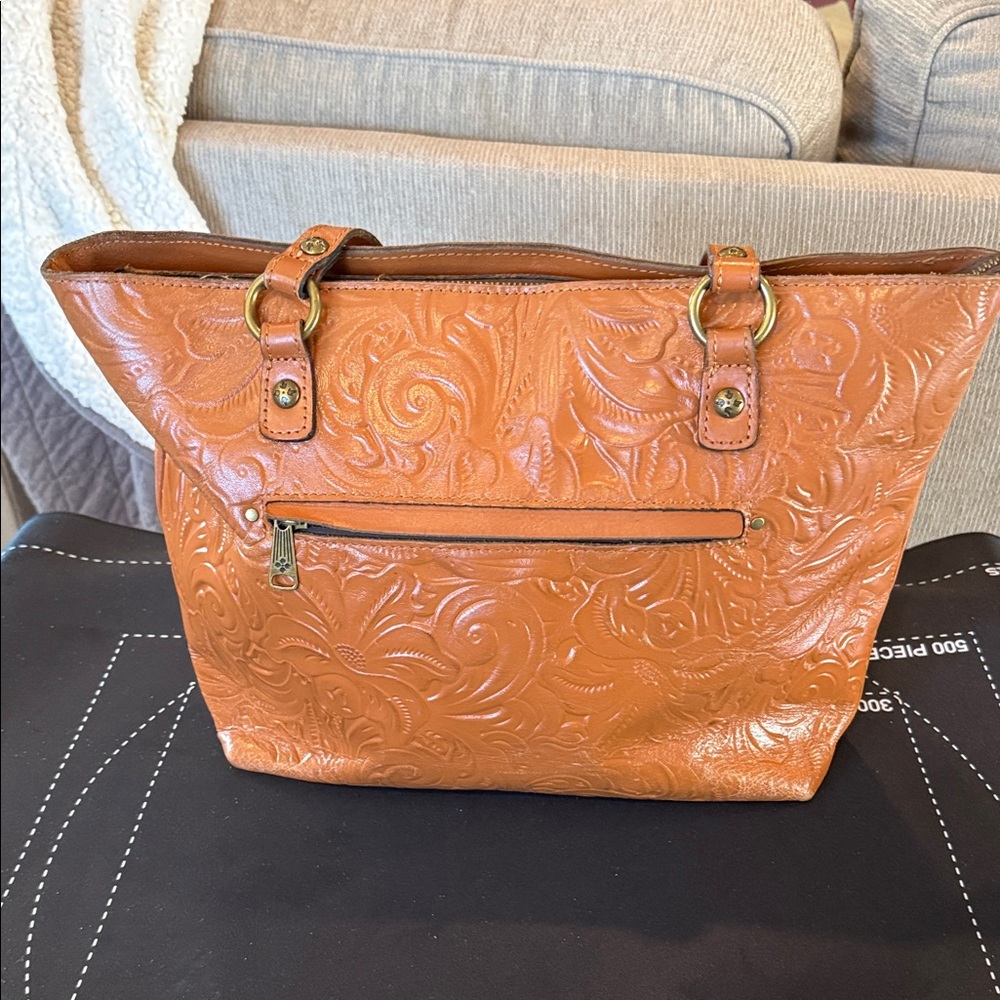 Patricia Nash Alessandra Tooled Cognac Brown Large Leather Tote Shoulder Bag